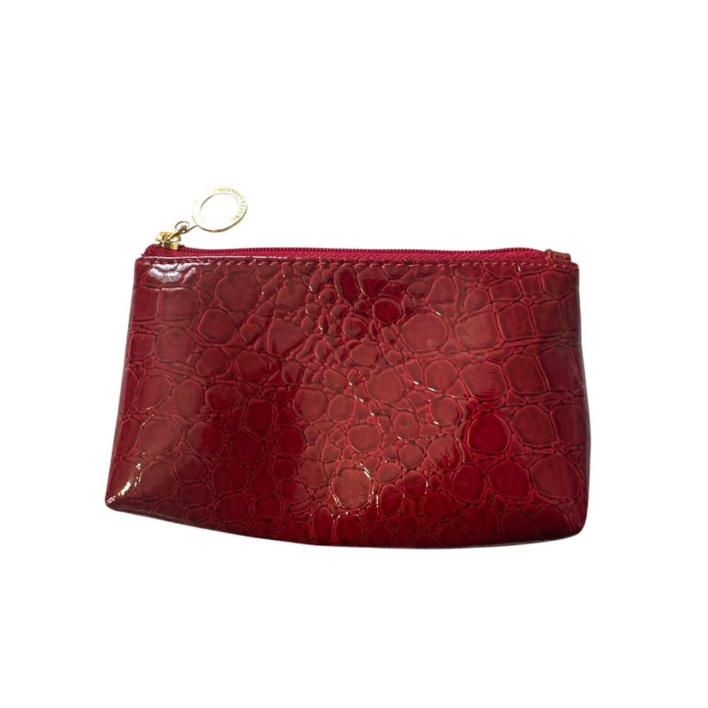 Red Faux Croc Patent Leather Zippered Pouch With Gold-Tone Charm